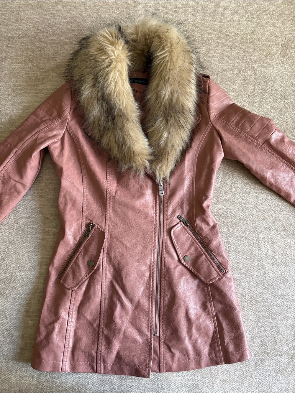 Faux Leather Pink Jacket with Faux-Fur Collar
